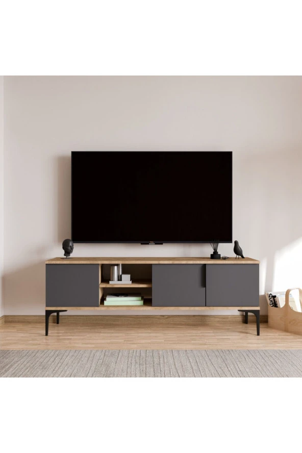 ALONEX HOME  Tarz (Full Antrasit) , 150 cm Tv Ünitesi , Tv Sehpası ,Raflı Tv Ünitesi Konsol - 6