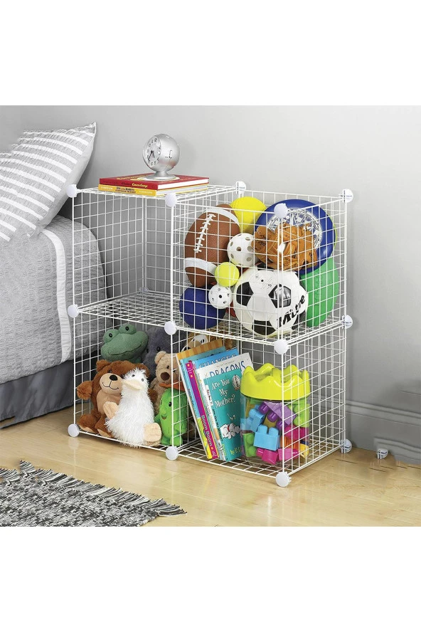 4 Bölmeli Tel Küp Çok Amaçlı Organizer Raf Beyaz 33cm Mutfak, Oyuncak, Kiler, Depolama Rafı
