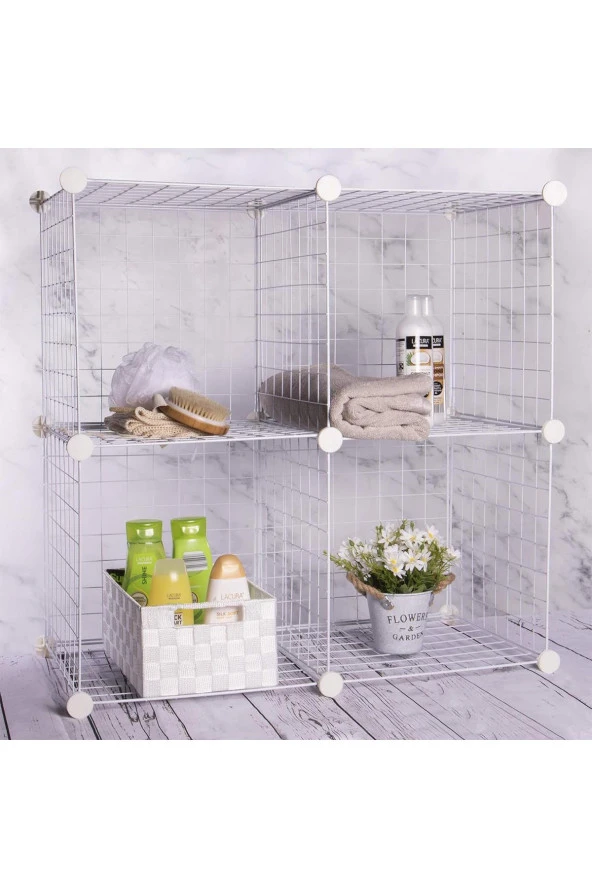 4 Bölmeli Tel Küp Çok Amaçlı Organizer Raf Beyaz 33cm Mutfak, Oyuncak, Kiler, Depolama Rafı - 4
