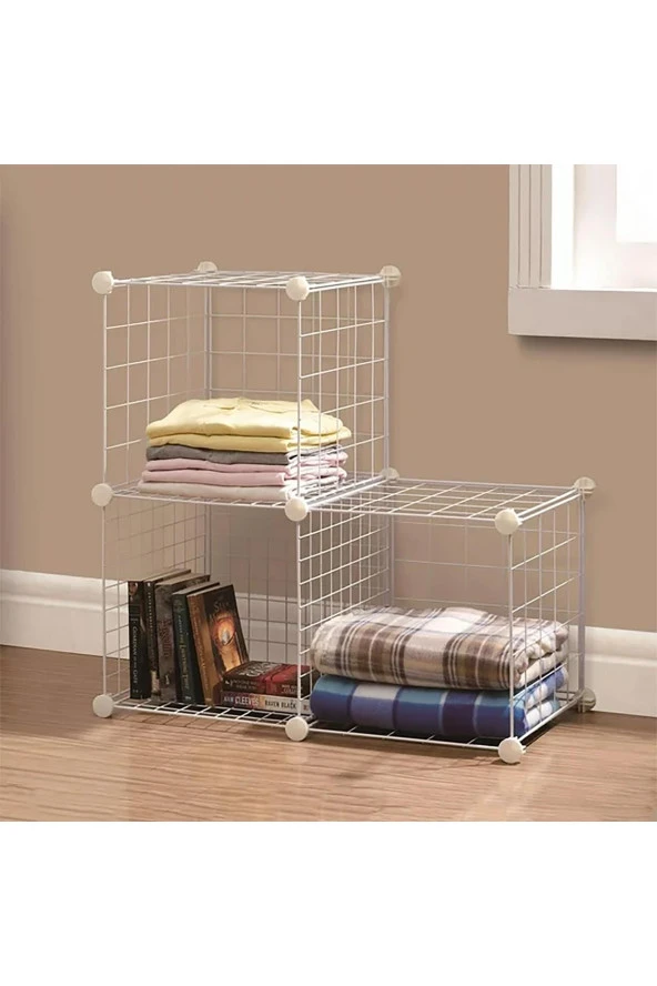 3 Bölmeli Tel Küp Çok Amaçlı Organizer Raf Beyaz 33cm Mutfak, Oyuncak, Kiler, Depolama Rafı - 7