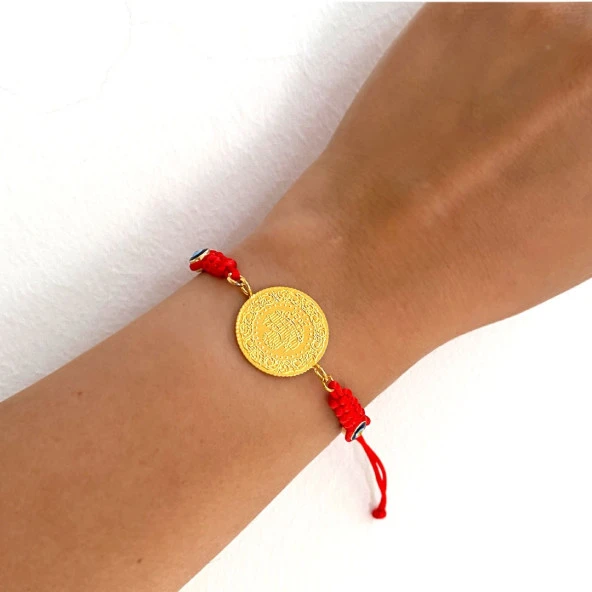 Altın Kaplama  Yarım Altınlı Kırmızı İpli Kadın Bileklik BLK-686 - Resim 2