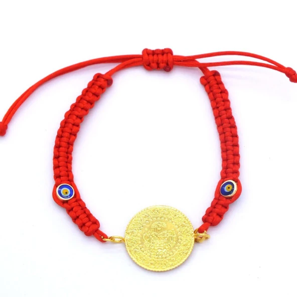 Altın Kaplama  Yarım Altınlı Kırmızı İpli Kadın Bileklik BLK-686 - Resim 4