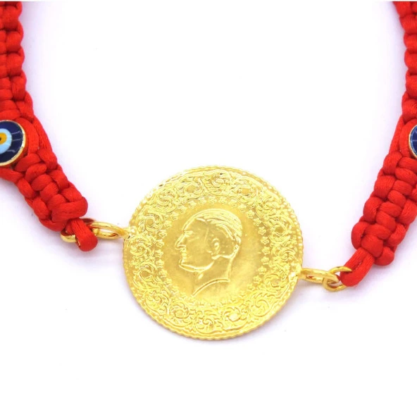 Altın Kaplama  Yarım Altınlı Kırmızı İpli Kadın Bileklik BLK-686 - Resim 6