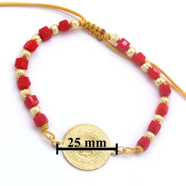 Altın Kaplama Çeyrekli Kırmızı Boncuklu ipli Bileklik BLK-968 - Resim 3
