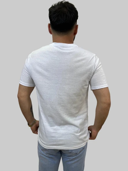 Erkek Skull Sıfır Yaka Basic Beyaz Tişört - Resim 3