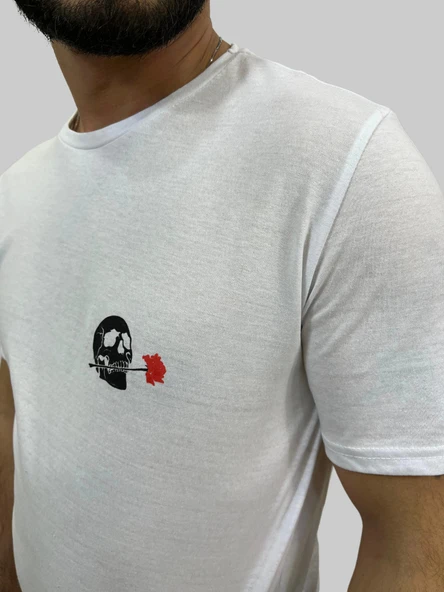 Erkek Skull Sıfır Yaka Basic Beyaz Tişört - Resim 7