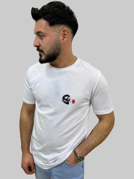 Erkek Skull Sıfır Yaka Basic Beyaz Tişört - Resim 5