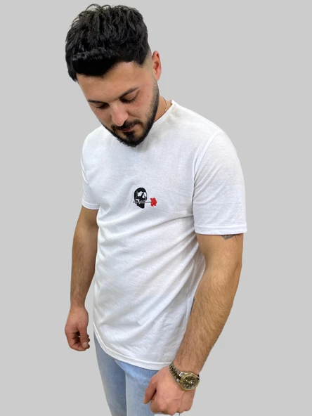 Erkek Skull Sıfır Yaka Basic Beyaz Tişört - Resim 2