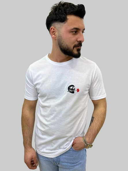 Erkek Skull Sıfır Yaka Basic Beyaz Tişört - Resim 4