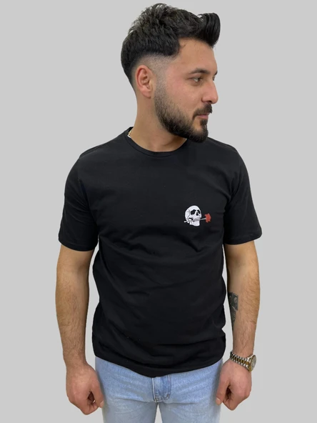 Erkek Skull Sıfır Yaka Basic Siyah Tişört - 4