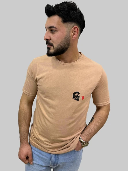 Erkek Skull Sıfır Yaka Basic Bisküvi Tişört - 6