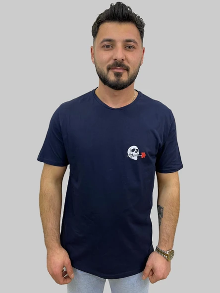 Erkek Skull Sıfır Yaka Basic Lacivert Tişört