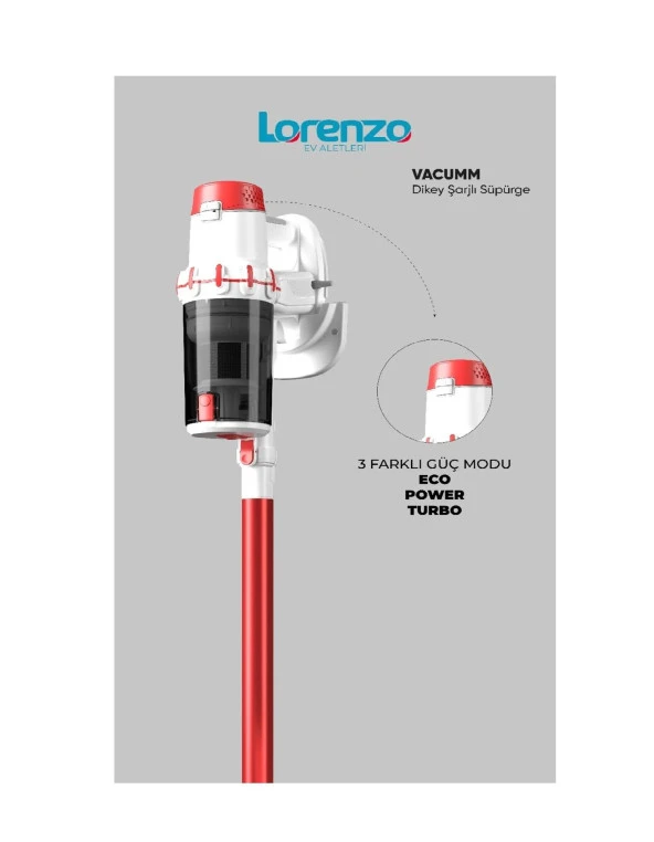 LORENZO VACUMM ŞARJLI DİKEY SÜPÜRGE BEYAZ-KIRMIZI - 2