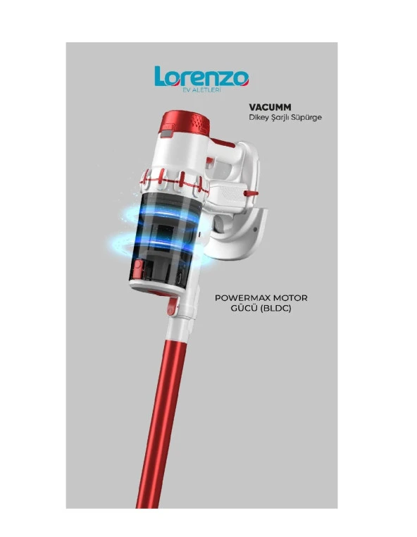 LORENZO VACUMM ŞARJLI DİKEY SÜPÜRGE BEYAZ-KIRMIZI - 3