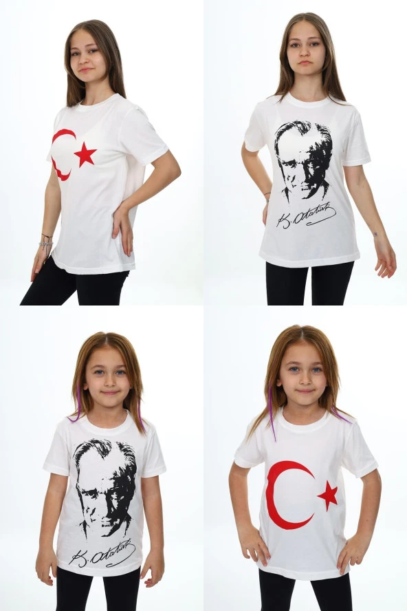 Kız Çocuk ATATÜRK Portreli ve AYYILDIZLI 2'li T-Shirt 7-16 Yaş Lx001