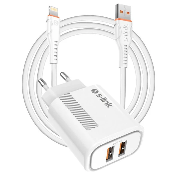 S-link SL-EC50 (SL-EC50L) 5V 2400MA Lightning Kablolu 2 USB Çıkışlı Beyaz Ev Şarj Adaptörü