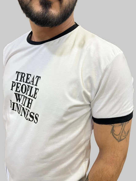 Erkek Kindness Sıfır Yaka Basic Beyaz Tişört - Resim 2