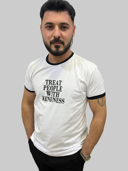 Erkek Kindness Sıfır Yaka Basic Beyaz Tişört - Resim 6