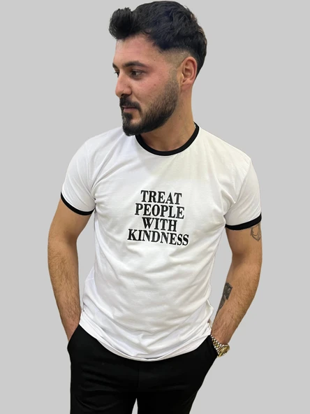 Erkek Kindness Sıfır Yaka Basic Beyaz Tişört - Resim 5