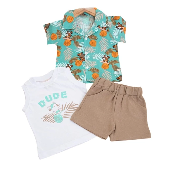 NAZAR DOKUMA GÖMLEK ŞORTLU ÜÇ PARÇA ERKEK BEBEK TAKIM