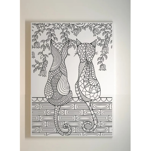35x50 Resimli Tuval Mandala - Kedi çifti desenli BOYASIZ FIRÇASIZ