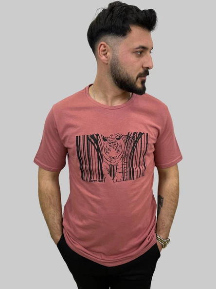 Erkek Tiger Sıfır Yaka Basic Gül Kurusu Tişört - 7
