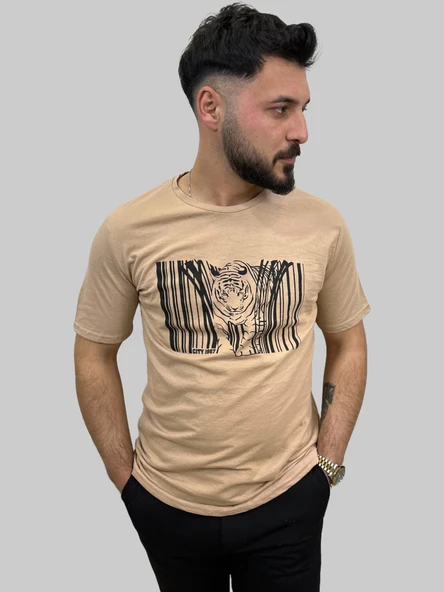 Erkek Tiger Sıfır Yaka Basic Bisküvi Tişört - 4