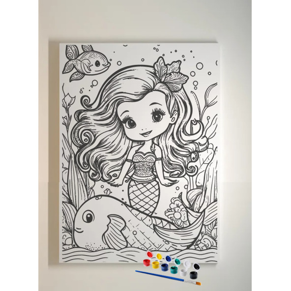 25x35 Resimli Tuval Çocuk Boyama Seti- Deniz Kızı resimli-6 renk akrilik boya ve 2 fırça adet fırça