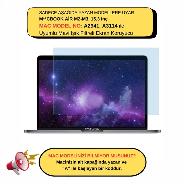 Macbook Air 15 inç M2-M3-M4 Ekran Koruyucu Mavi Işık Filtresi (15.3” Air) A2941 A3114 A3241 Uyumlu Anti Blue Ray - 2