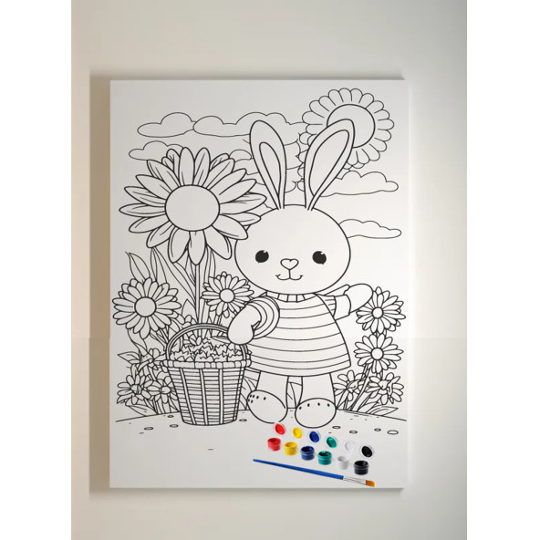 25x35 Resimli Tuval Çocuk Boyama Seti- Tavşan resimli-6 renk akrilik boya ve 2 fırça adet fırça ile