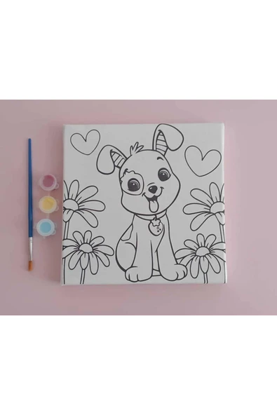 dudu ahşap 20x20 Resimli Tuval Çocuk Boyama Seti- Köpek resimli 3 boya 1 fırça - Resim 4