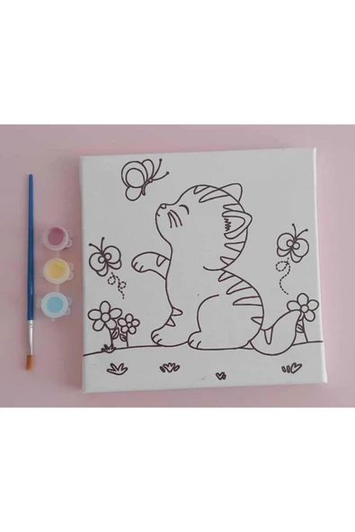 dudu ahşap 20x20 Resimli Tuval Çocuk Boyama Seti- Kedi-2 resimli 3 boya 1 fırça - 4