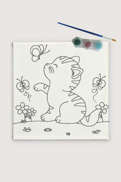 dudu ahşap 20x20 Resimli Tuval Çocuk Boyama Seti- Kedi-2 resimli 3 boya 1 fırça