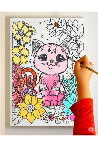 dudu ahşap 25x35 Resimli Tuval Çocuk Boyama Seti- Kedi resimli-6 renk akrilik boya ve 2 fırça adet fırça ile