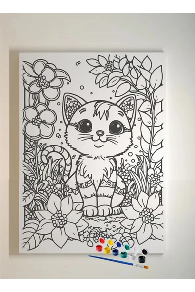 dudu ahşap 25x35 Resimli Tuval Çocuk Boyama Seti- Kedi resimli-6 renk akrilik boya ve 2 fırça adet fırça ile - 2