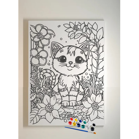 25x35 Resimli Tuval Çocuk Boyama Seti- Kedi resimli-6 renk akrilik boya ve 2 fırça adet fırça ile