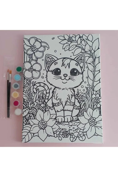 dudu ahşap 25x35 Resimli Tuval Çocuk Boyama Seti- Kedi resimli-6 renk akrilik boya ve 2 fırça adet fırça ile - 3