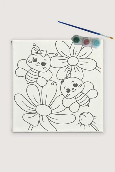 dudu ahşap 20x20 Resimli Tuval Çocuk Boyama Seti- Arı resimli 3 boya 1 fırça