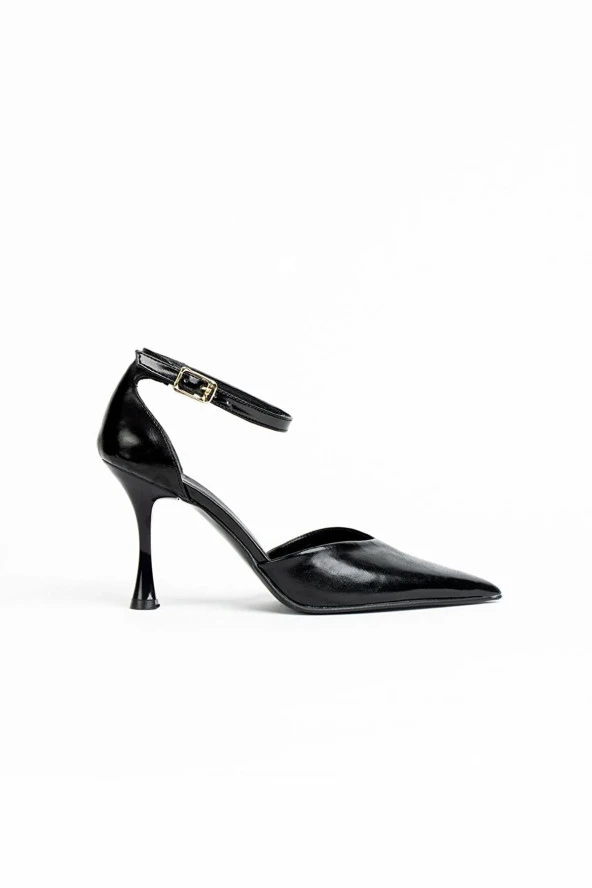 Celandia Siyah Metalik Cilt Kadın Topuklu Ayakkabı