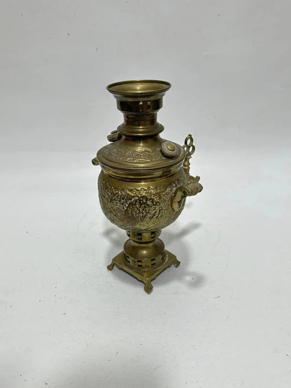 Antika Ahşap Saplı Pirinç Mini Semaver 24x16x18 cm - 6