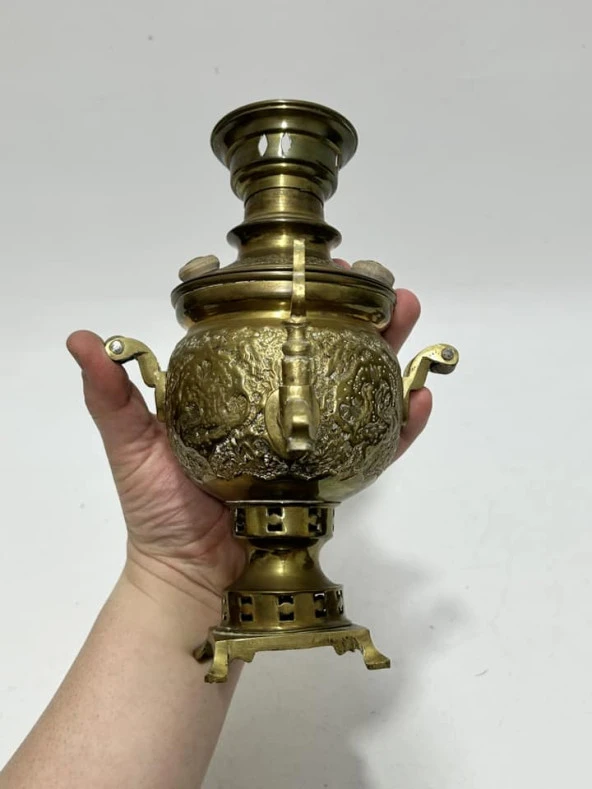 Antika Ahşap Saplı Pirinç Mini Semaver 24x16x18 cm - 8