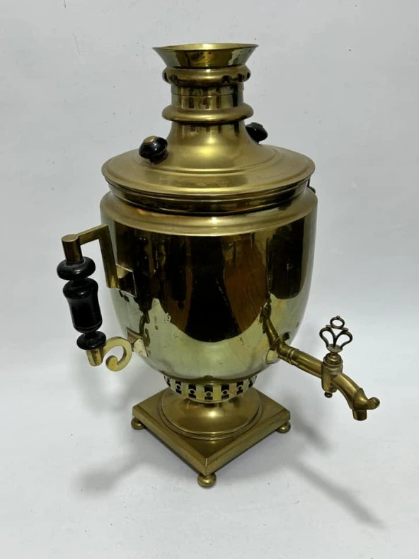 Antika Ahşap Saplı Pirinç Semaver 50x35x40cm - 7