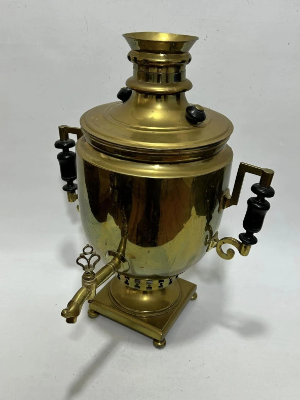 Antika Ahşap Saplı Pirinç Semaver 50x35x40cm - 8