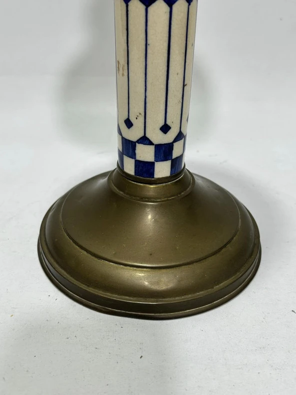Antika Mermer ve Kristal Detaylı Pirinç Gaz Lambası 38 cm - 3