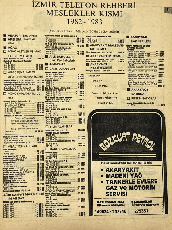 İzmir 1982-1983 Meslek Reklam İlanı Efemera S1 ürün görseli 1