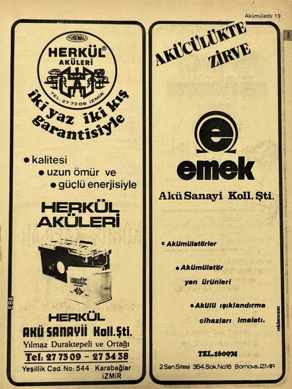 İzmir 1982-1983 Meslek Reklam İlanı Efemera S19