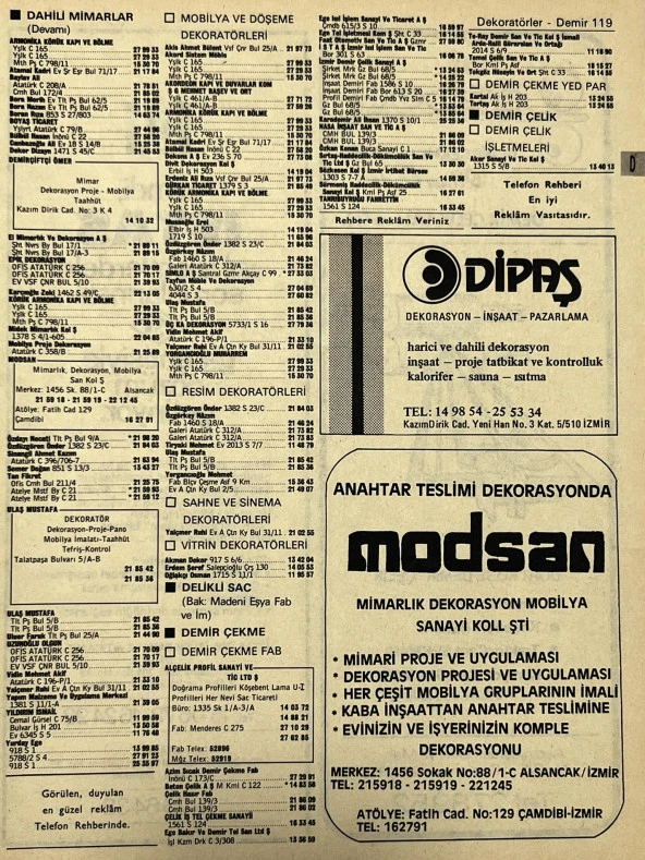 İzmir 1982-1983 Meslek Reklam İlanı Efemera S119