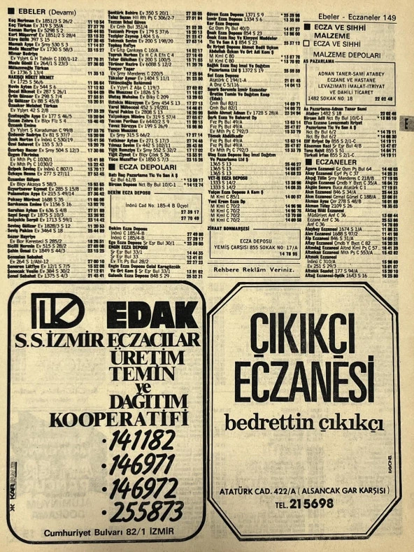 İzmir 1982-1983 Meslek Reklam İlanı Efemera S149