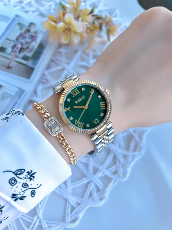 Wesse Elite Çelik Kordon Kararmaz Renk Atmaz Bayan Kol Saati 50Mt Suya Dayanıklı+Bileklik WWL.111905 - Resim 2