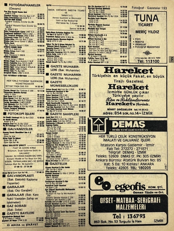 İzmir 1982-1983 Meslek Reklam İlanı Efemera S193 ürün görseli 1